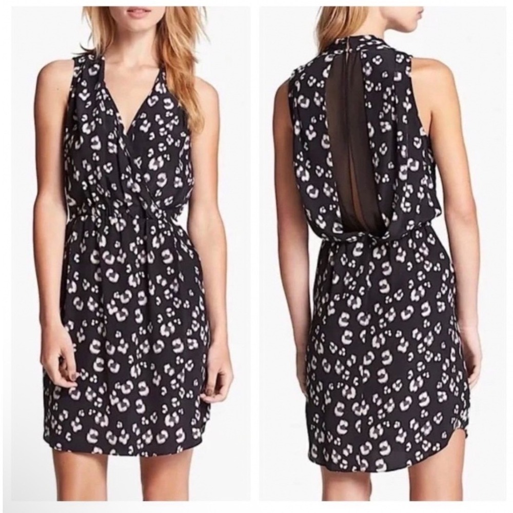 Rebecca Taylor Silk Leopard Print‎ Mini Dress Black Ivory Sheer Back Size 6
